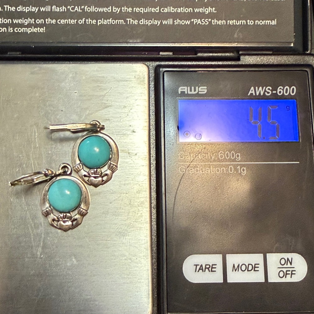 Vintage Sterling Silver Heart Earrings Ireland 925 Turquoise Claddagh Celtic - Picture 8 of 8